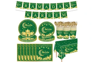 Ramadan Mubarak Green Gold Disposable Tableware Plate Cups Ramadan Decoration Ramadan Kareem Muslim Islamic Party Supplies