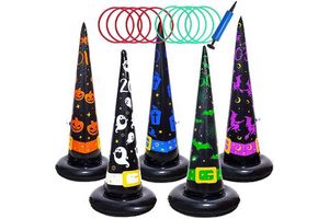 Premium Halloween 5PK Inflatable Witch Hat Ring Toss Game Set for Kids & Adults Party Novelties & Decorations with Air Pump