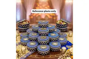 Decorative Blue Brocade Steel Mithai Box Candy Container Diwali Wedding Ramadan Birthday Party Favors Dry Fruit Gift Packaging