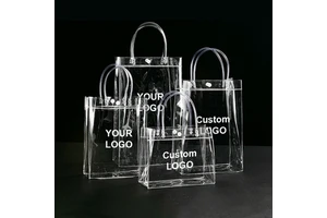 Reusable Transparent PVC Gift Tote Bag With Handle Custom Logo Waterproof Clear Shopping Packaging Bag For Retail Events Display