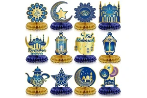 Blue&Gold Ramadan/Eid Mubarak Honeycomb Star Moon Lantern Table Topper Supplies for Eid Al Fitr Party Muslim Holiday Favor Decor