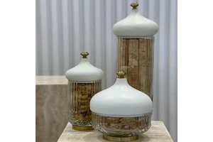 Sets Of 3 Glass Material With Metal Lids Round Shape White Finish Food Storage Canister Holiday Supplies Ramadan Supplies