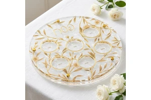 Transparent Circular Acrylic Tray, Passover Meal Tray, Gold Floral Print, Jewish Ritual Tray, Holiday Tableware Tray, Wholesale
