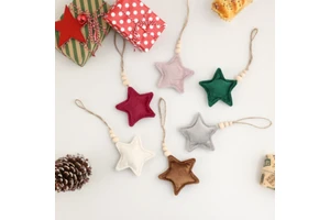 Luxury Soft Velvet Star Christmas Ornaments With Wooden Beads Boho Xmas Tree Hanging Decorations 10cm Small Padded Stars