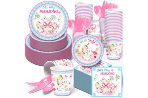 Huancai Mahjong Party Supplies Paper Plates Cups Napkins Disposable Tableware Set for Mah Jong Game Birthday Party Decorations