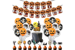 Nice Pumpkin Creative Print Decoration Halloween Party Kit With Cake Topper Paper Banner for Party Decoration Halloween Supplies
