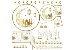 Gold Ramadan Eid Mubarak Decoration Dinner Plates Dessert Plates Cups Banner Table Cover for Ramadan & Eid Muslim Party Supplies