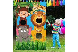 Toss Games Clown Banner with 3 Bean Bags Jungle Animals Clown Dinosaur Theme Bean Bag Toss Game for Carnival Party Activities
