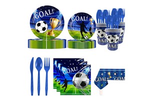 Soccer Party Supplies Set for 20 Guests Tableware Kit with Paper Plates Cups Napkins Tablecloth and Banner for Birthday Game Day