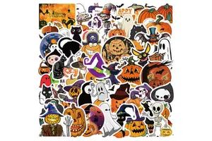 Custom 50pcs Halloween Bat Pumpkin PVC Sticker Waterproof Vinyl Party Decoration For Kids Holiday Cartoon Gifts