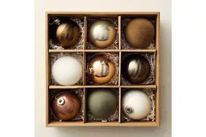 Classic Glass Ball Christmas Ornaments Set in Gold Bronze White and Green Tones Handcrafted Decorative Balls