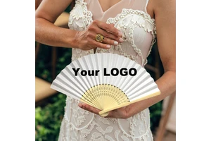 Wholesale Custom Printed Logo Folding Bamboo Handfan Rib Wedding Wooden Hand Held White Paper Fans