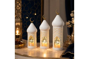 Custom Premium Islamic Ramadan Lanterns Wholesale White Metal LED Fanoos Set For Islamic Eid Table Decoration