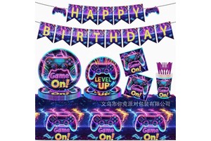 Neon Game Party Theme Design Paper Plates Paper Cup Napkins Tablecloth Disposable Party Supplies Set for Children Birthday