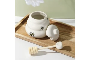 Ceramic Bee Happy Honey Pot with Dipper Honey Jar with Exquisiting Package for Wedding Bridal Shower Baby Shower Party Favor