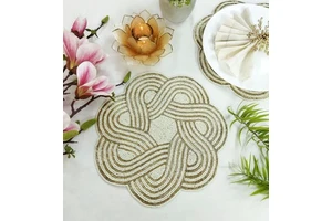 Luxury Embroidered Golden and Silver Beaded Table Runner and Placemat Set Eco-Friendly Customizable for Home and Wedding Decor