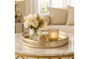 Wholesale Gold Round Metal Decorative Tray Hollow Cutout Candle Vanity Tray For Ramadan Eid Home Decor