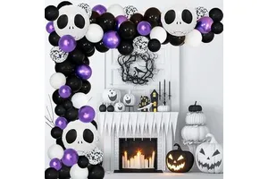 Purple Black White Halloween Skull Pumpkin Balloon Arch Kit Metallic Latex Spooky Balloon Garland Kit Party Decorations