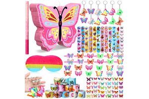 51 Pcs Pinata with Blindfold Stickers Hairpin Ring Slap Bracelet Keychain Butterfly Party Pinata Set for Kid Game Decor Supplies