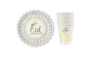 10pcs Disposable Eid Mubarak Table Decorations Ramadan Tableware Set Paper Plates Cups Ramadan Party Supplies