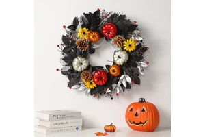 New Halloween Pumpkin Wreath Decorative Door Curtain Autumn Harvest Sunflower Maple Leaf Home Decoration