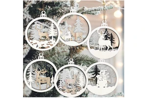 6pcs Christmas Farmhouse Rustic Ornaments Set 9cm Mix Color 3D Wooden Hanging Tree Decorations with Gift Tags