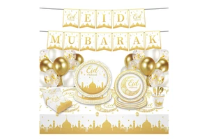 114pcs Golden Eid Mubarak Party Supplies Ramadan Eid Mubarak Disposable Plates and Cups Ramadan Party Tableware Set Serves 24
