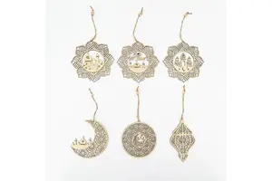 Ramadan Kareem Wooden Hanging Ornament, Golden Eid Mubarak Moon & Mosque Decoration, Muslim Home Supplies