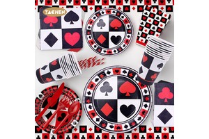 Yachen Hot Sale Casino Party Supplies Poker Tableware Paper Plates Cups Napkins Set for Poker Game Theme Birthday Party Decor
