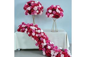 Pink Red Long Flower Row with Flower Ball Wedding Table Set with Flower Background Shelf Arch Decoration