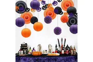 Hanging Halloween Party Decorations, Pumpkin Banner Paper Fans Paper Lanterns Tissue Pom Poms Flowers for Birthday Decoration