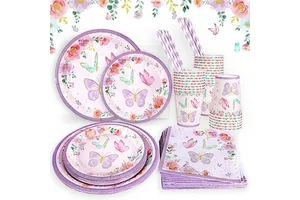 New Product Butterfly Birthday Party Decoration Purple Girls Favor Party Tableware Paper Plates Cups Napkins Party Supplies