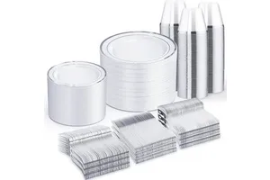Silver Disposable Dinnerware Set Wedding Plates Silver Plastic Plates Cups, Forks Knives Spoons For Party