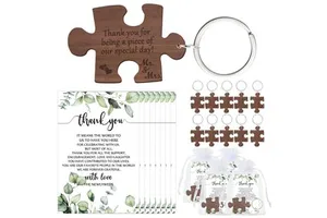 50 Sets Wedding Gifts for Guests Rustic Wood Puzzle Keychain with Thank You Cards and Organza Bags Wedding Party Favor