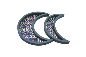 Superwin RTS 2 Pcs/set Ramadan Eid Mubarak Tray Set Muslim Moon Wood Decoration Food Tray Ramadan Wooden Crescent Tray Set