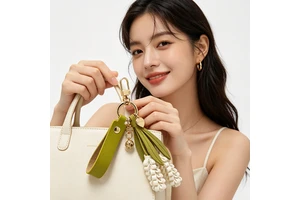 Purple Lavender Pendant Keychain Women PU Leather Bag Charm Girl Decorations Bell Heart Ornaments Wedding Gifts Lavender Flowers