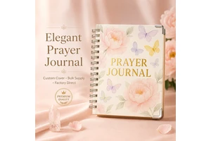 Prayer Journal Spiral Notebook White Peony Butterfly Watercolor Cover Gold Foil Title Silver Wire Bound Gift Bulk