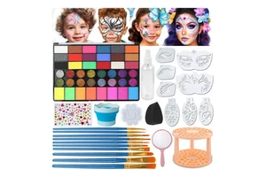 42 Colors Water Based Face Paint Kit for Kids Adults With Brushes Stencils Gem Stickers