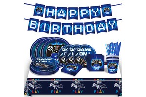 Disposable Game on Paper Plates Cups Knife Fork Spoon Set with Game Pad Paper Banner Tablecloth for Party Decoration