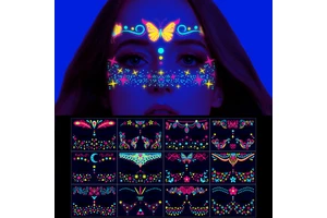 Fluorescent Halloween Face Tattoo Sticker Butterfly Rose Tattoo UV Glow in the Dark Festival Masquerade Party Body Sticker