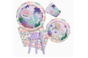 Mermaid 1st Birthday Party Favor Set Disposable Tableware Including Paper Plate and Cup for Kids Girls New Year Celebration