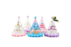New Party Decoration Supplies Eco-Friendly Kids Birthday Paper Hat Headband Birthday One-year-old Fur Pom Pom Party Hats