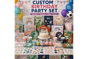 Custom Plastic Event Theme Birthday Party Supplies Set Decorations Tableware Favor Bags Stickers Wholesale
