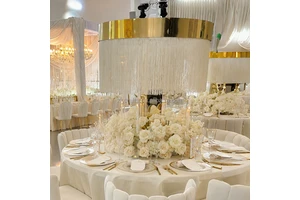 ZKAI Wedding Table Centerpieces Tassel Beaded Curtain Gold Stainless Steel Flower Stand for Wedding Party Decoration