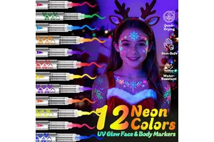 Flysea UV Neon Face Paint Markers 12 Colors Glow In Dark Washable Temporary Tattoos Christmas Halloween Party Gifts Boxed
