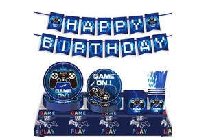 Blue Game Pad Birthday Party Supplies Disposable Tableware Gamepad Paper Plates Napkins Banner Tablecloth Birthday Party Decor