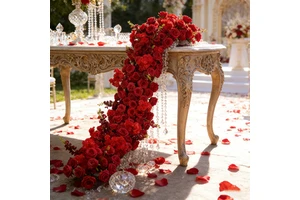 Retro Classic Wedding Red Flower Runner Arrangement 8 Feet Silk Rose and Cherry Blossom Floral Runner Decoration for Table