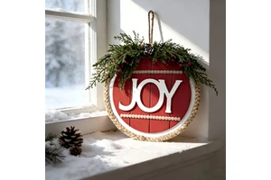 Christmas Festive JOY Ornament with Pine Sprigs ,Berries and Bow