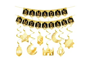 Ramadan Eid Mubarak Decoration Gold Black Banner Islamic Ornaments Horizontal Party Hanging Supplies