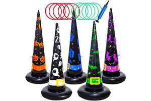 Halloween Ring Toss Game Set 5 Inflatable Witch Hat Cone with Air Pump and 10 Ring for Family School Party Favor Game